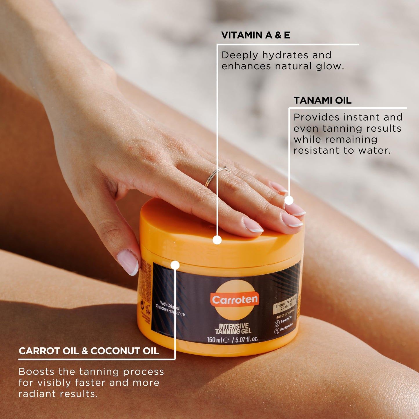 Carroten Intensive Tanning Gel | Browning Tan Accelerator | Non-Greasy, Water-Resistant with Carrot and Coconut Oil | Vitamin A & E For Moisture & Hydration | Made in Greece | 5 oz + Spatula