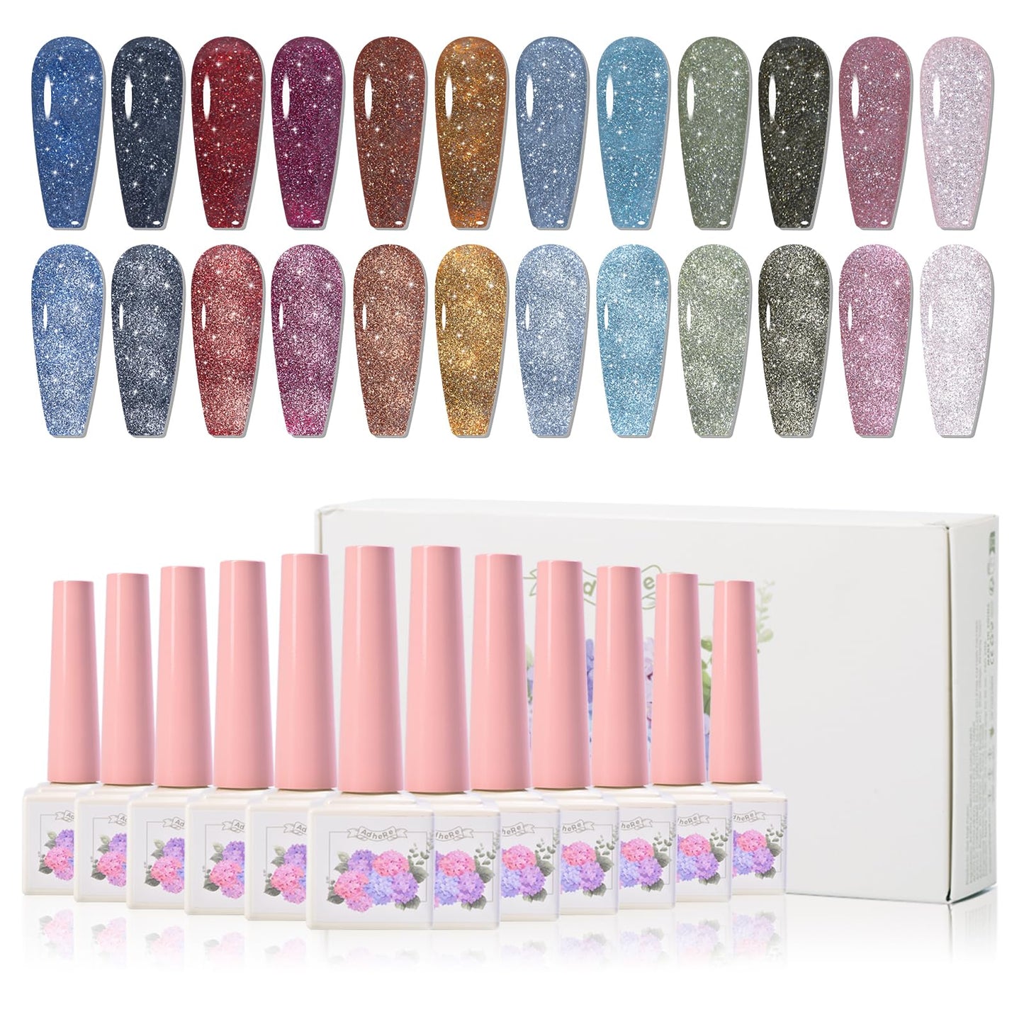 ADHERE Reflective Glitter Gel Nail Polish Set, 12 Colors Sparkly Shiny Pink Red Holographic Gel Polish Kit Soak Off UV LED Nail Art Varnish Manicure Kit DIY at Home