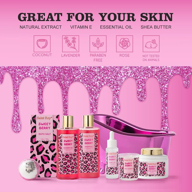Bath and Body Spa Gift Basket - Relaxing Self-Care Set for Women | Sweet Berry Shower Essentials for Teens & Moms