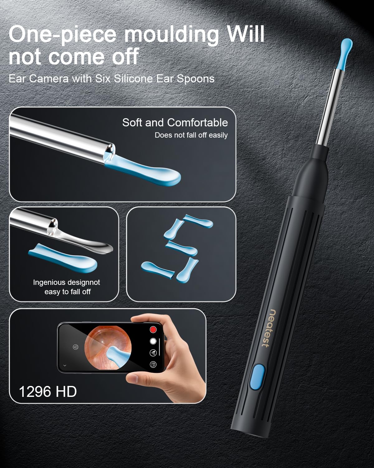 NEATEST Ear Wax Removal - Earwax Remover Tool with 8 Pcs Ear Set, 1296P HD Wireless Otoscope with 6 LED, Ear Cleaning Kit for iOS Android (Black)