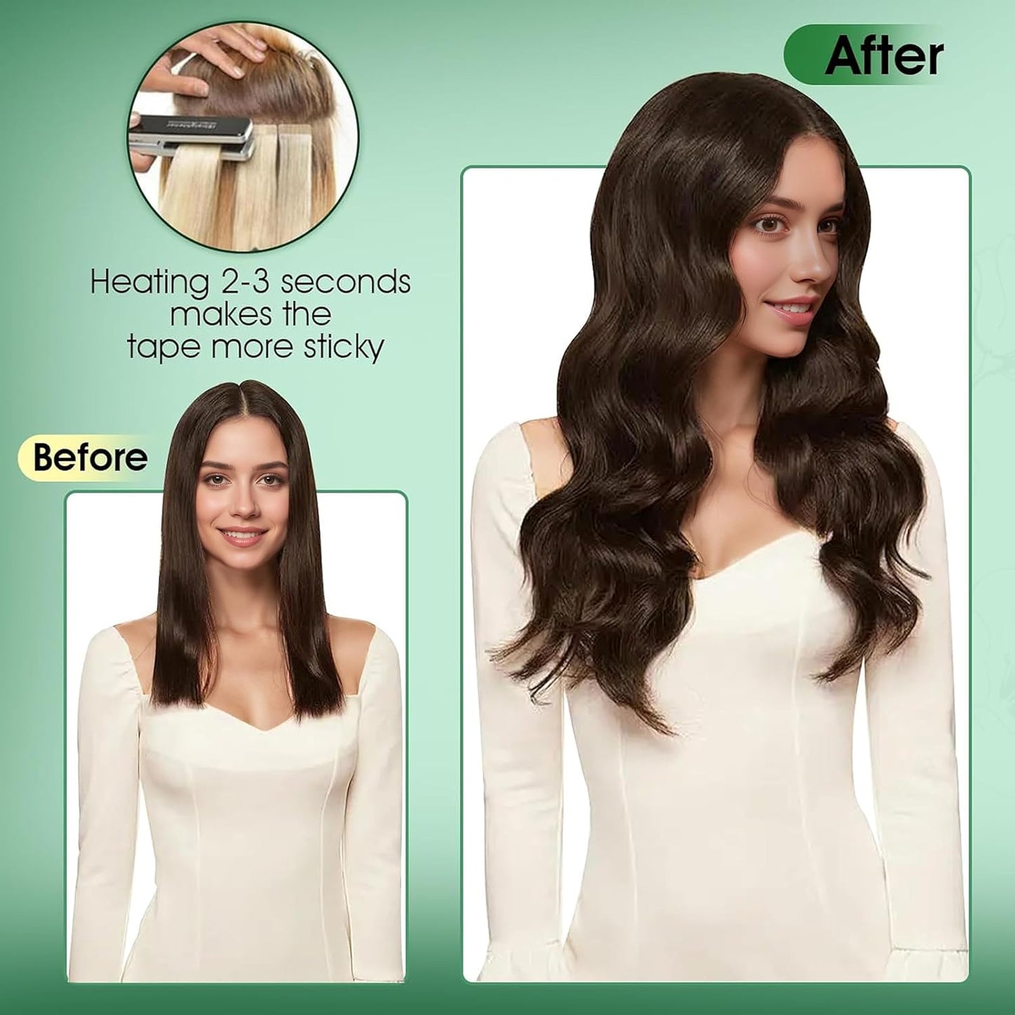Ombre Tape-In Hair Extensions | 14-Inch Human Hair, Natural Black to Teal & Blue | Remy Soft, Straight, 20 Pcs