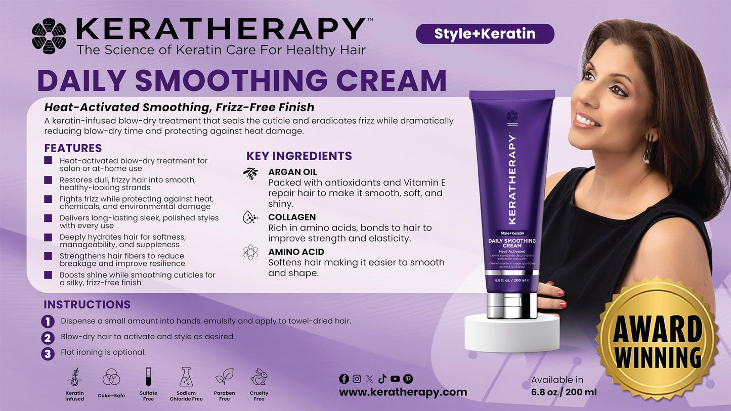 KERATHERAPY Daily Smoothing Cream, 6.8 fl. oz., 200 ml - Keratin Infused Smoothing Cream for Blowouts with Collagen, Jojoba Oil, Wheat & Argan Oil
