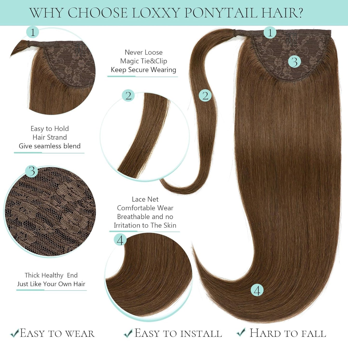 Loxxy Human Hair Ponytail Extension - Chocolate Brown Clip-In Wrap Around 16 Inch, 80g Long Straight Hair