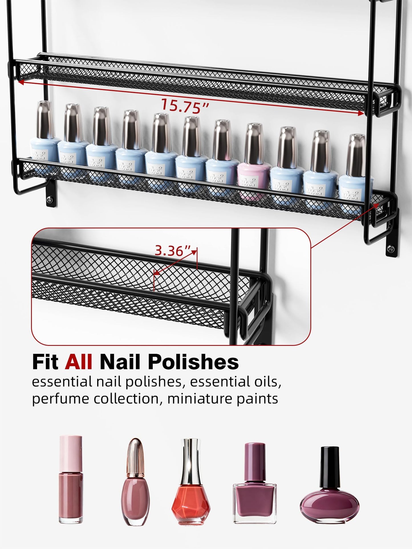GIGIFTREE Nail Polish Organizer Wall Mounted, 6 Tier Metal Storage Rack Holds 90 Bottles, Multifunctional Organizer for Essential Oils Paint Perfume, Black