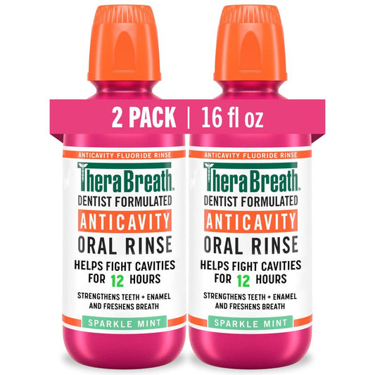 TheraBreath Anticavity Fluoride Oral Rinse Mouthwash, Fights Cavities, Strengthens Enamel and Freshens Breath, Dentist-Formulated, Alcohol-Free, Sparkle Mint Flavor, 16 fl oz, Pack of 2