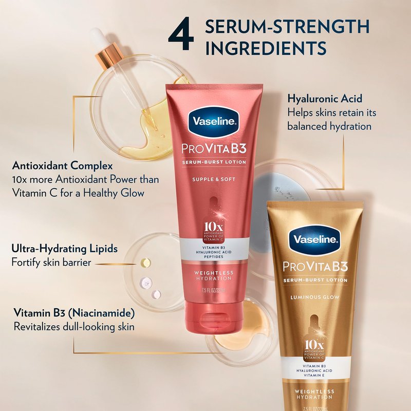 Vaseline Lotion, Pro VitaB3 Serum-Boost, Luminous Glow + Supple & Soft Variety 4-Pack – Weightless Hydration with Niacinamide and Hyaluronic Acid, 7.5 Oz Ea