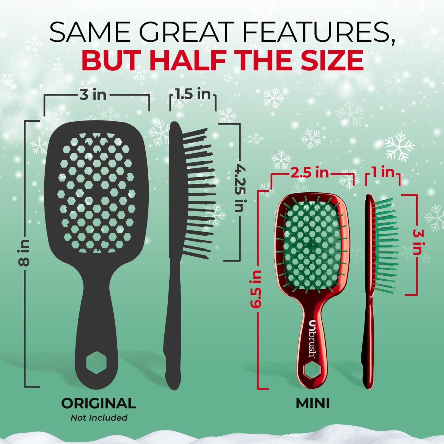 UNbrush Mini Holiday Hair Brush for Pain-Free Brushing On All Wet/Dry Hair Types — Mini UNbrush Detangling Brush with Durable Anti-Static Bristles, Lightweight & Vented — Christmas Hair Care Gifts