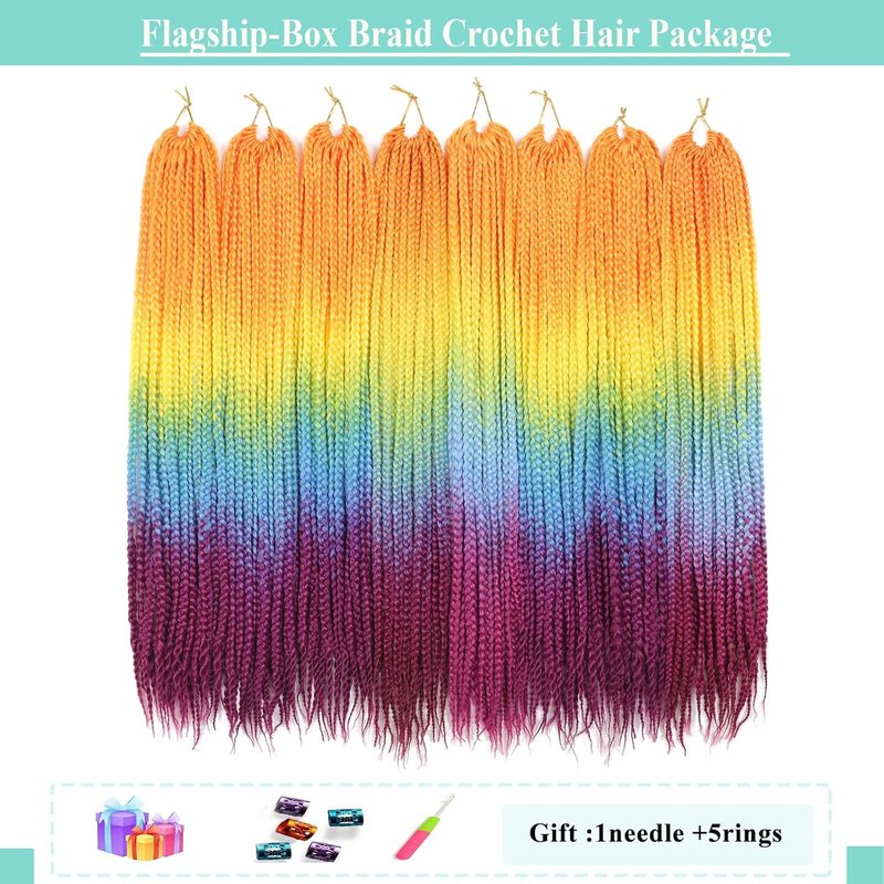 Crochet Box Braids - 24 Inch Prelooped Rainbow Ombre Goddess Hair | 8 Packs Synthetic Braiding Extensions for Black Women