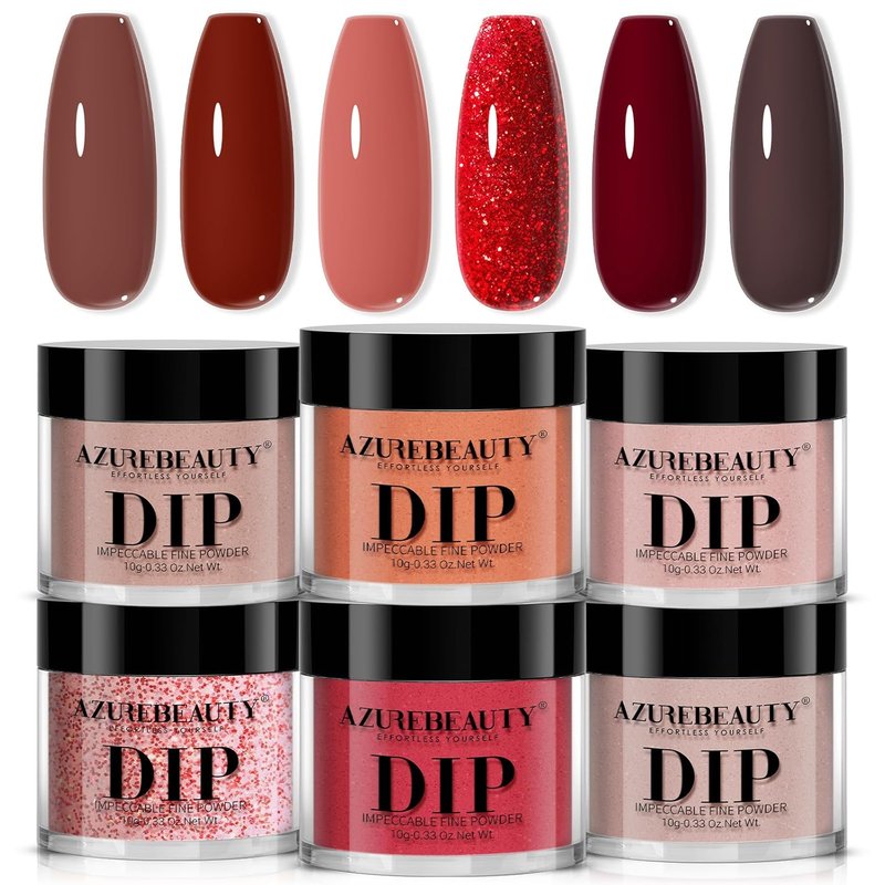 AZUREBEAUTY Dip Powder Starter Kit - Brown Red Glitter Nail Art | 6 Colors, No Lamp Needed for DIY Manicure