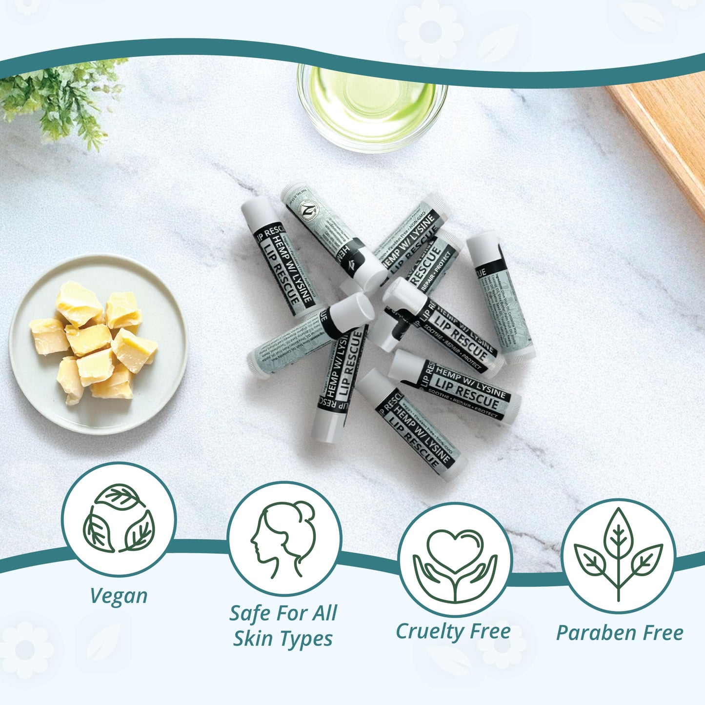 Hemp Lip Balm with L-Lysine & Seed Oil | Intense Lip Conditioner for Softness & Moisture Retention | Natural Botanical Lip Care (5 Tubes)