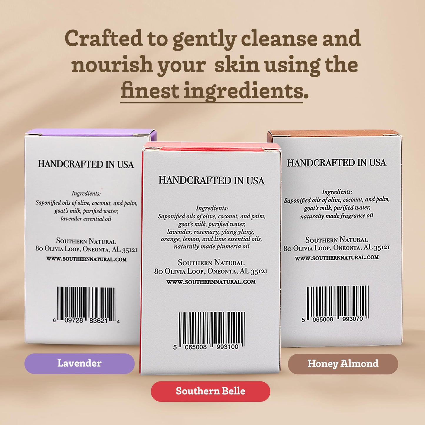Southern Natural Goat Milk Soap Bar (Variety 3 Pack) Lavender, Southern Bell, Honey Almond - For Dry Sensitive Skin. Great For Face and Body. (Each Bar 4-4.5 oz)