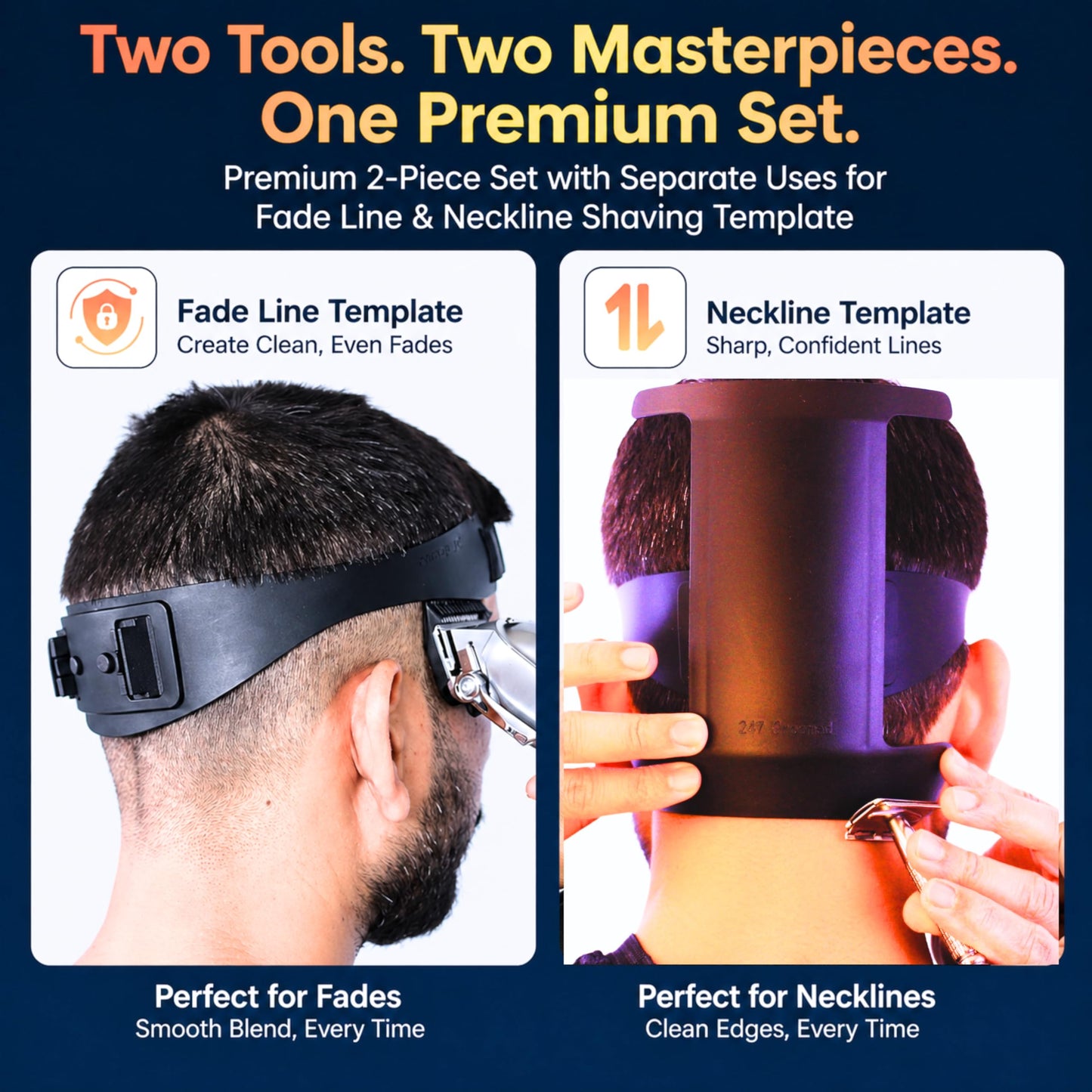247 Groomed Self Haircut Kit for Men | 2Pcs SelfCut Guide for Men: Neckline Shaving Template & Fade Guide | Adjustable Size Hair Fade Tool & Stable Neck Line Up Tool | Hair Cut for Kids & Seniors