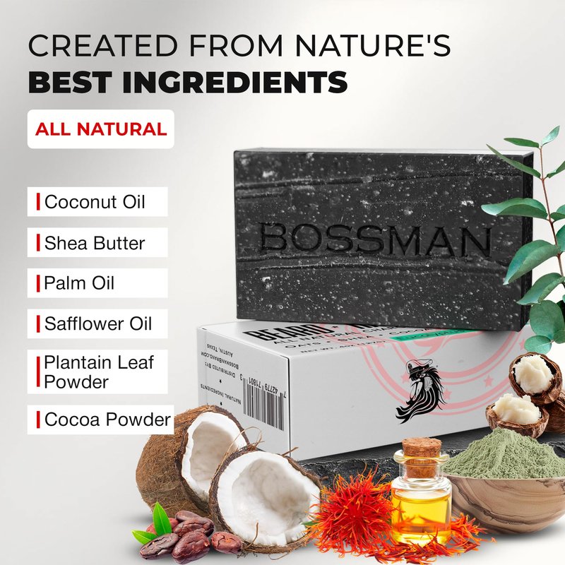 Bossman 3-Pack 4-in-1 Charcoal Soap Bar (4 oz) – Bar Soap for Men – All-Natural Beard Wash, Shampoo, Body Wash & Shaving Solution – Eucalyptus & Tea Tree Scent