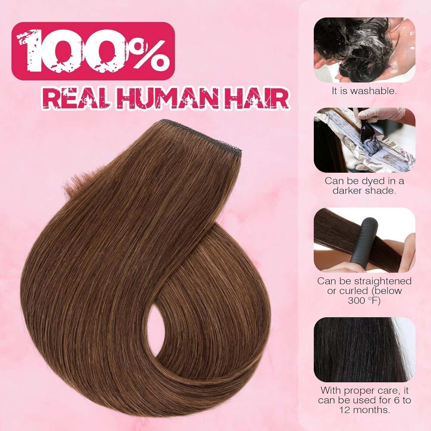 Halo Hair Extensions - Real Human Hair 16" Medium Brown - Adjustable Invisible Wire for Women