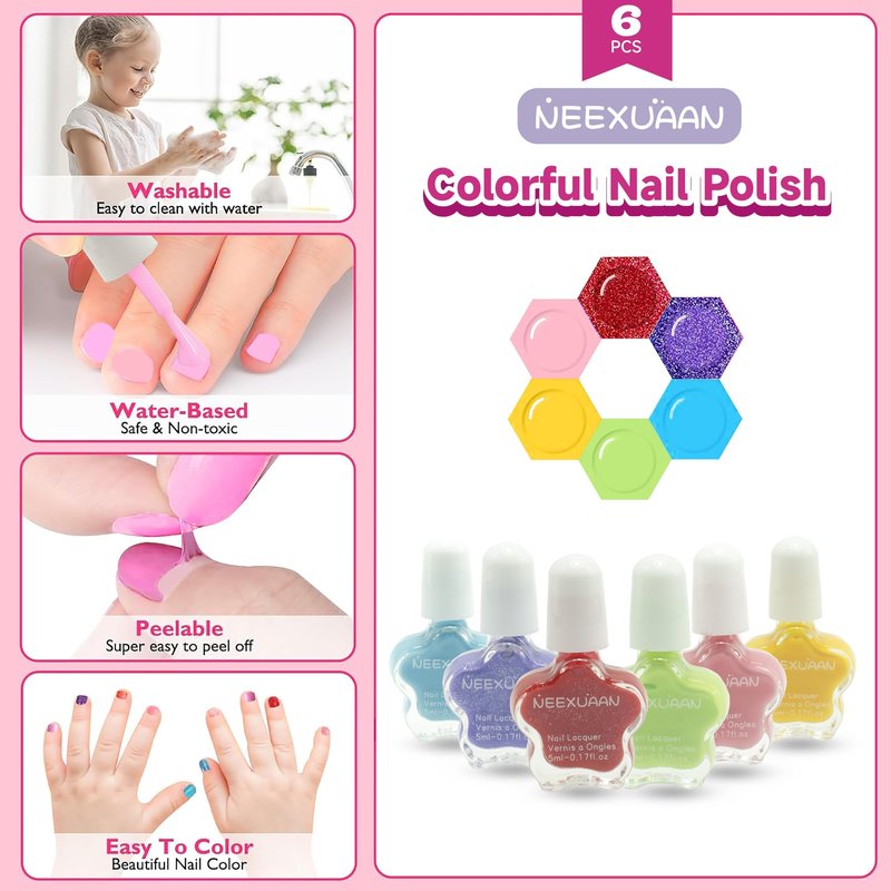 NEEXUAAN Kids Nail Polish, 15 PCS Nail Art Kit, Non-Toxic Toddler Nail Polish, Quick Dry Water-Based Peelable Fingernail Polish for Girls, for Ages 6-12 Girls Birthday, Halloween, Christmas Gifts