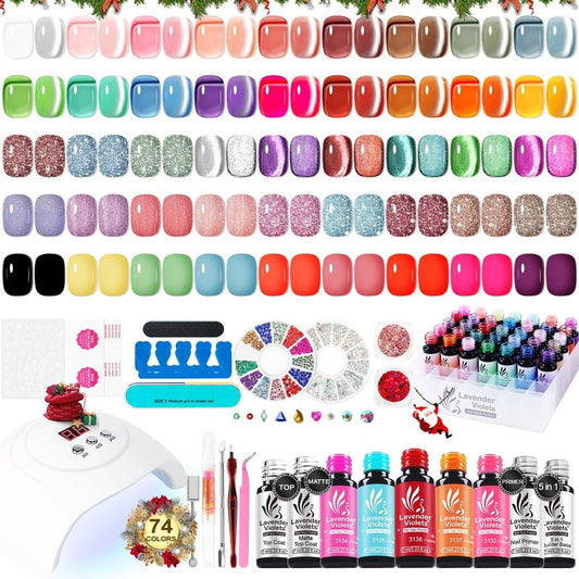 Lavender Violets 73 Pcs Gel Nail Polish Kit with U V Light, 45 Colors with Nail Primer,Builder Base,Matte & Glossy Top Coat Soak Off Manicure Tools Gifts for Women Easter LA01