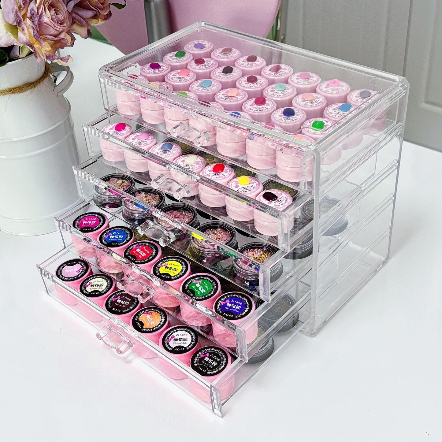 Guolich 5 Tier Nail Art Decoration Storage Box，Acrylic Make Up&Jewelry Organizer with Drawers, Cosmetic Storage for Dresser Countertop and Bathroom，Transparent Acrylic Nail Art Jewelry Accessories