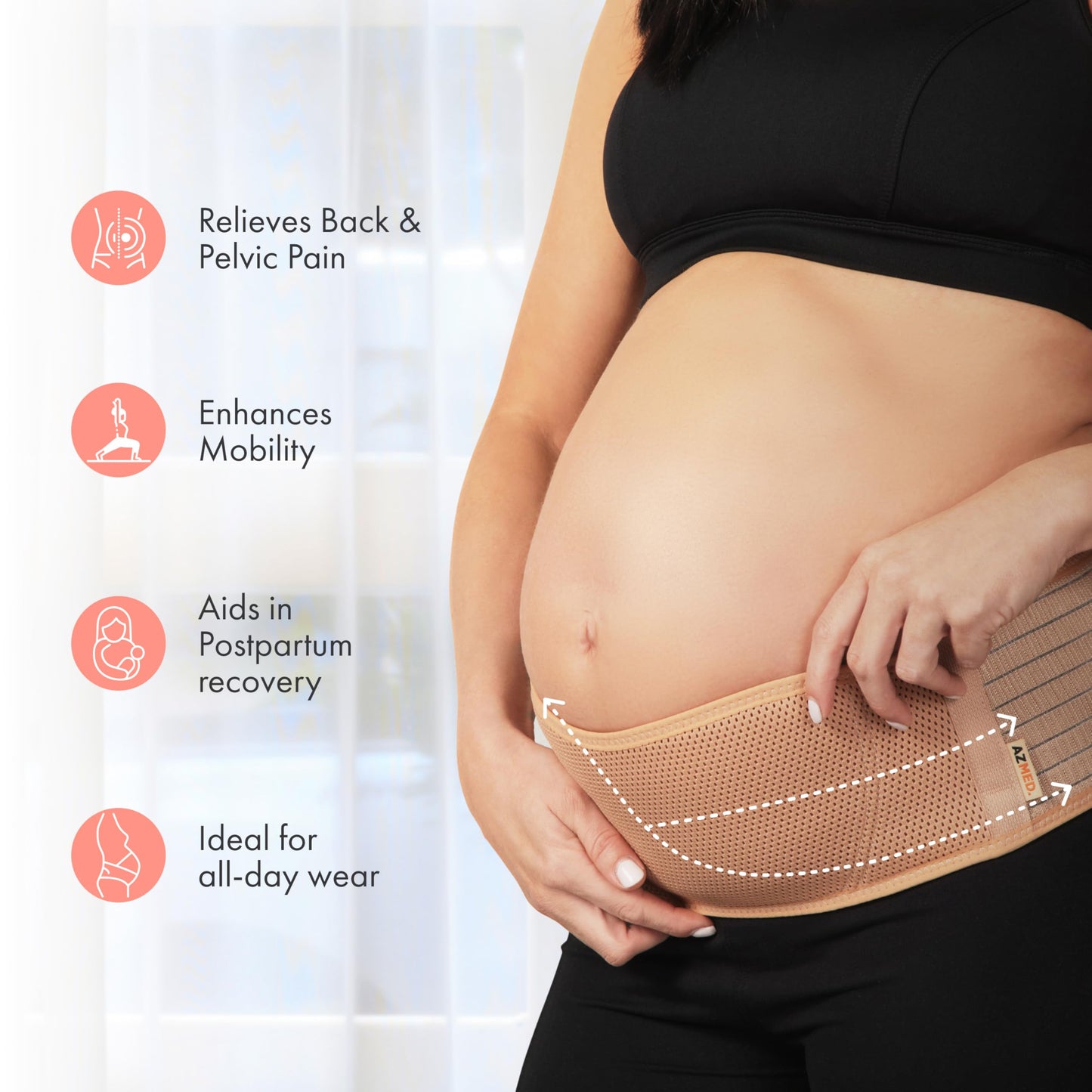 AZMED Maternity Belt Back Support - Adjustable Abdominal Binder for Pregnancy - Belly Band for Pelvic, Waist & Lower Back Comfort - Fits Up to 46 Inches - Beige