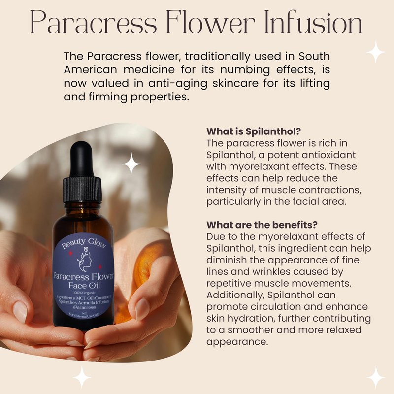 100% Organic Paracress Flower Spilanthes Facial Oil Serum for Face MCT Coconut Oil Infused with Paracress Spilanthes Acmella Oleracea Flowers for Anti-Aging Anti-Wrinkle Moisturizing Miracle 1 Fl Oz