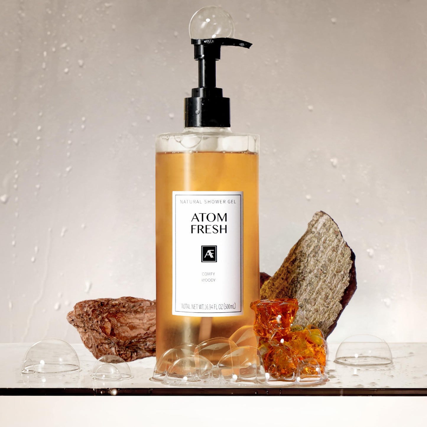 Atom Fresh Comfy Woody Body Wash for Women, 16.94 fl oz Relaxing Spa Shower Gel with Argan Oil, Barrier Care Natural Cleanser for Dry Skin Repair