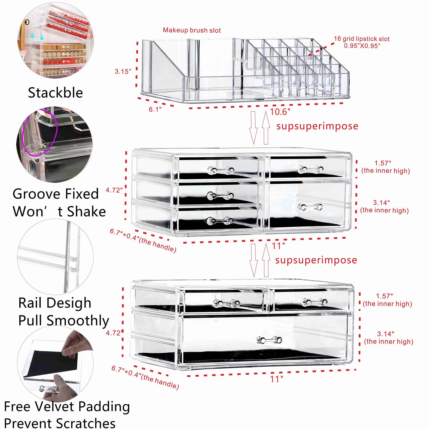 Cq acrylic 3 Pack Clear Make Up Organizer Countertop,Stackable 8 Drawers Makeup Storage,Cute Vanity Organizers for Dresser Hair Clip,Jewelry,Beauty Product Desk and Bathroom Organizers and Storage