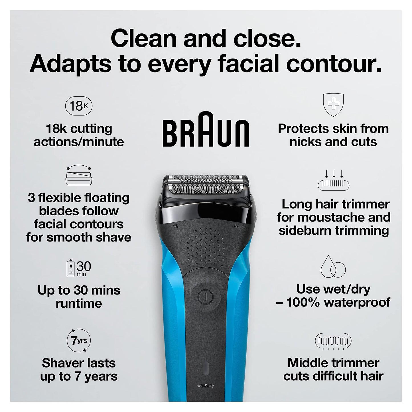 Series 3 3010s Wet & Dry Electric Shaver for Men/Rechargeable Electric Razor, Blue
