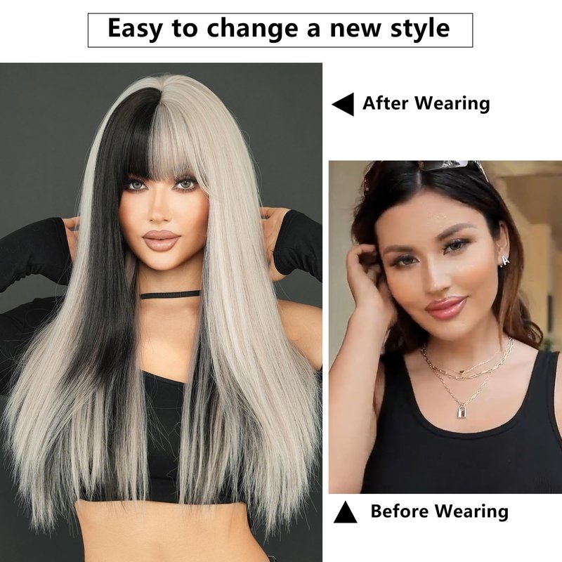 7JHH WIGS Long Straight Silver Grey Highlight Wig with Bangs 27in Natural Heat Resistant Fiber Synthetic Grey Black Ombre Layered Wigs for Women Girls Holiday Chrismas Daily Party Used