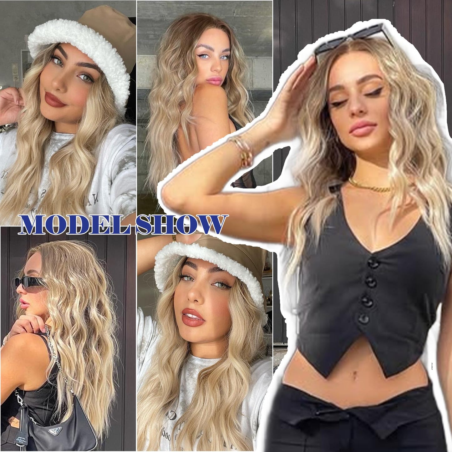 HAIRCUBE Glueless Synthetic Lace Front Wig, 18 Inch Ombre Blonde Hightlight Curly Wigs, Put on Go Layered Wigs for Women Daily Use