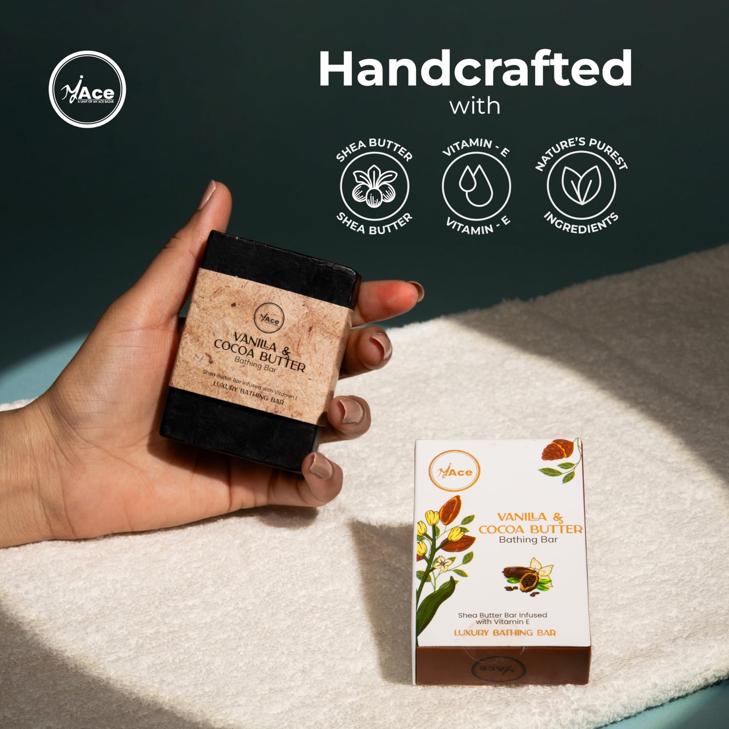MY ACE Vanilla & Cocoa Bathing Bar Soap - Handmade with Essential & Coconut Oil, Shea Butter, Vitamin E for Skin Cleansing & Moisturizing - SLES Free for Face, Hair, Body Wash (3.5 Oz Each, Pack of 3)