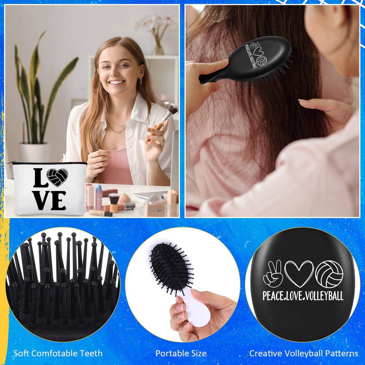 Baderke 60 Pcs Volleyball Team Gifts for Women Volleyball Party Favors Include Cosmetic Bags Makeup Mirror Hair Scrunchies Detangler Brush Bracelets for Women Players Sports Team Accessories