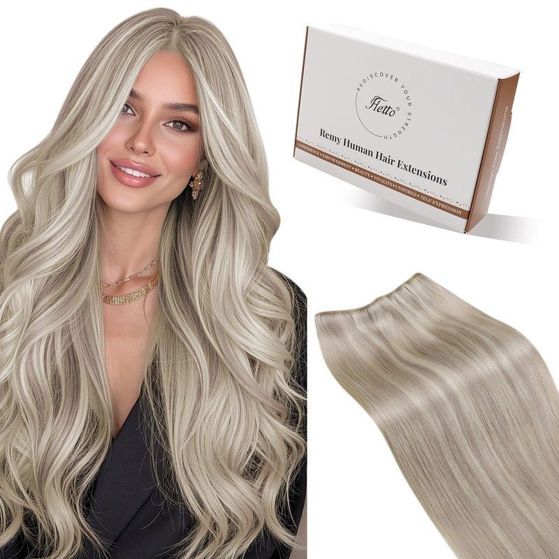 Hetto Weft Hair Extensions Human Hair Ash Blonde Highlighted Bleach Blonde Sew in for Office Heat Resistant Bundles 14 in 80g
