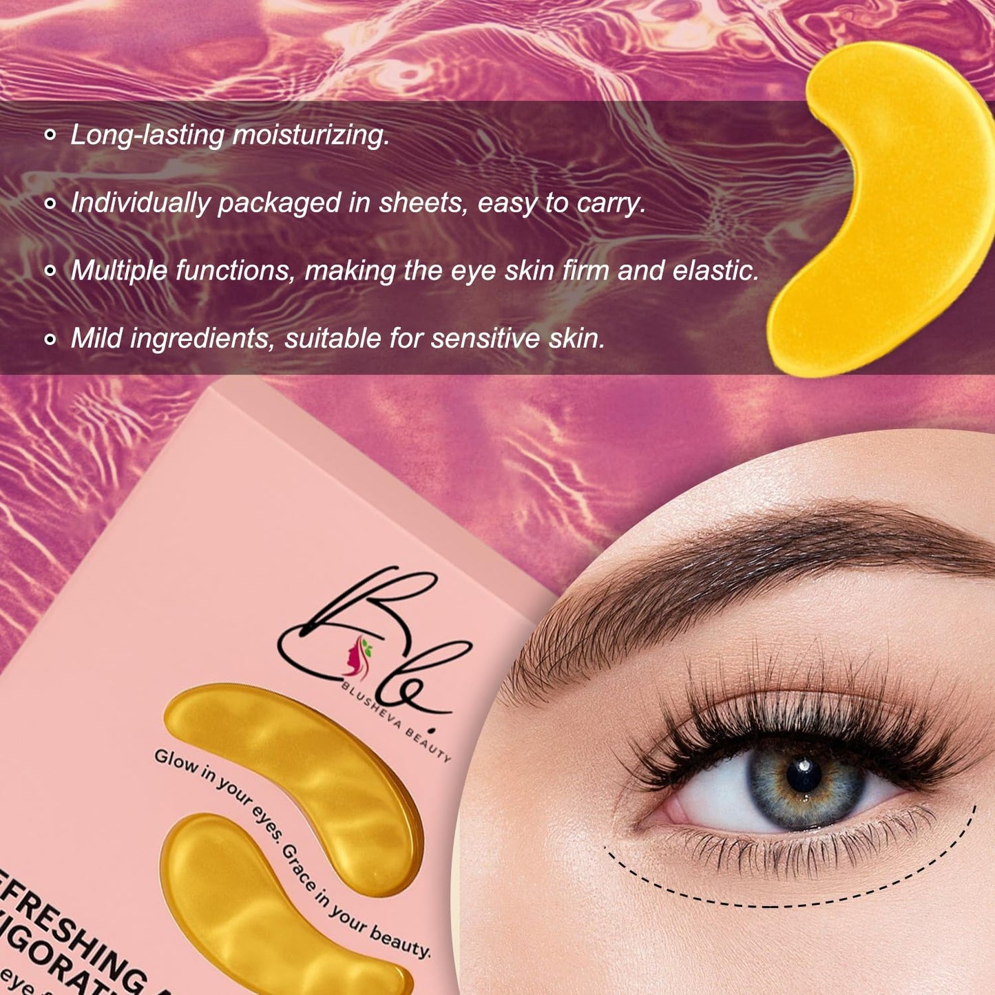 Blusheva Beauty Gold Under Eye Masks 24 Pairs Collagen & Hydrating Gel Eye Patches for Dark Circles, Puffy Eyes, Fine Lines & Anti-Aging Skincare Vegan, Cruelty-Free Self Care Essentials