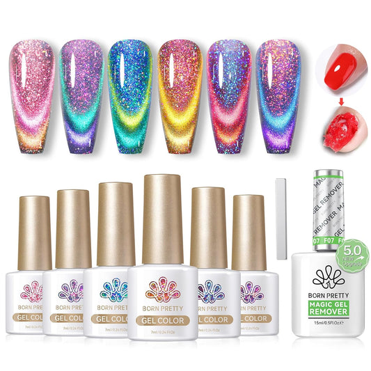 Born Pretty 6PCS Cat Eye Magnetic Gel Nail Polish Set - Gentle Formula & Easy Remover