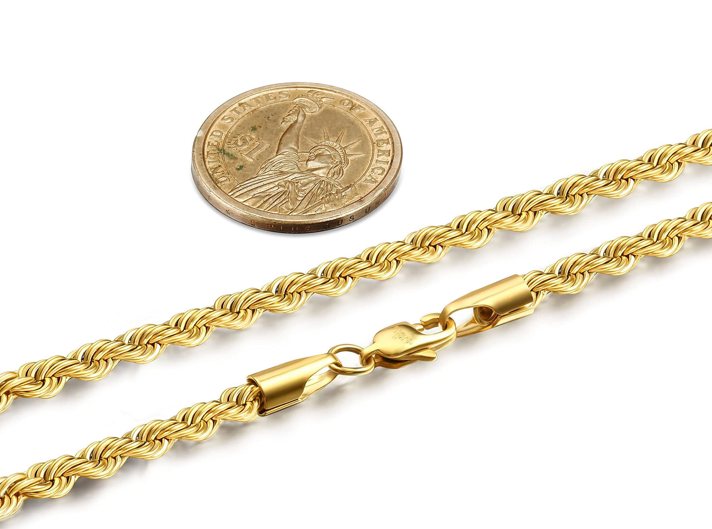 FIBO STEEL 4mm Stainless Steel Rope Chain Necklace for Men 22 inches Silver-tone