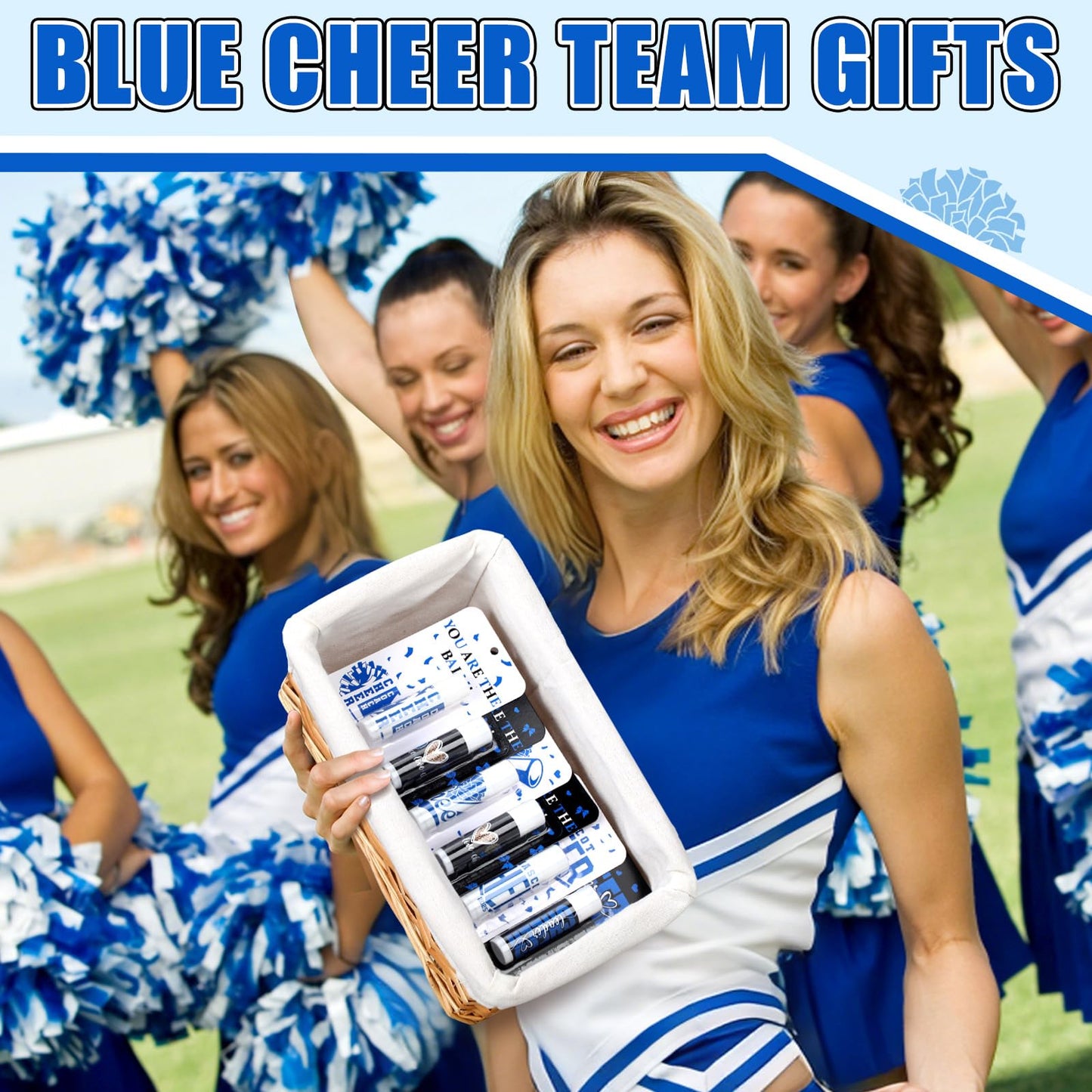 Loopeer 30 Pcs Blue Cheers Lip Balm Cheer Teams Gifts Bulk Cheerleaders Party Stuff Cheerleading Camp Gifts Bulk for Cheerleaders Party Favors Stocking Stuffers