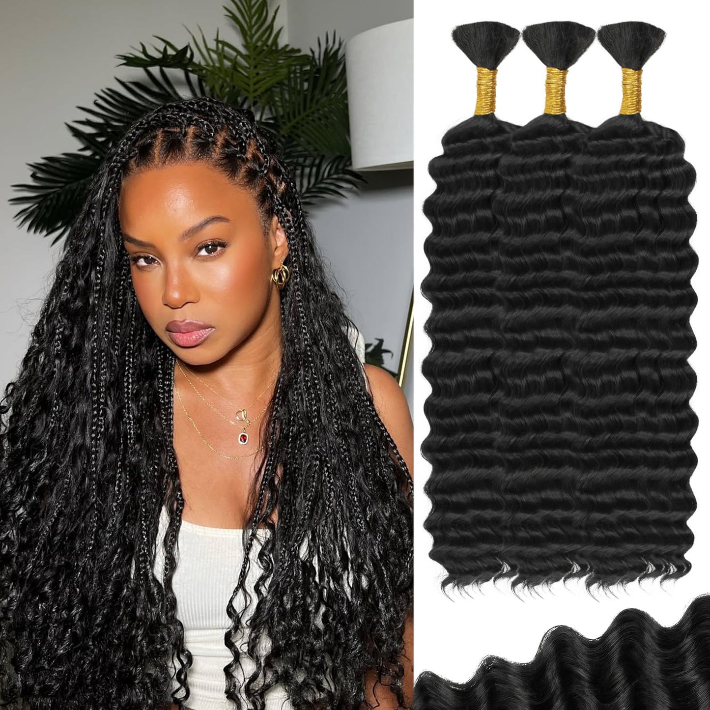 Human Braiding Hair for Boho Braids 120g 3 Bundles Deep Wave Curly Bulk Human Hair for Braiding Knotless Bohemian Natural Color (1B, 26 Inch)