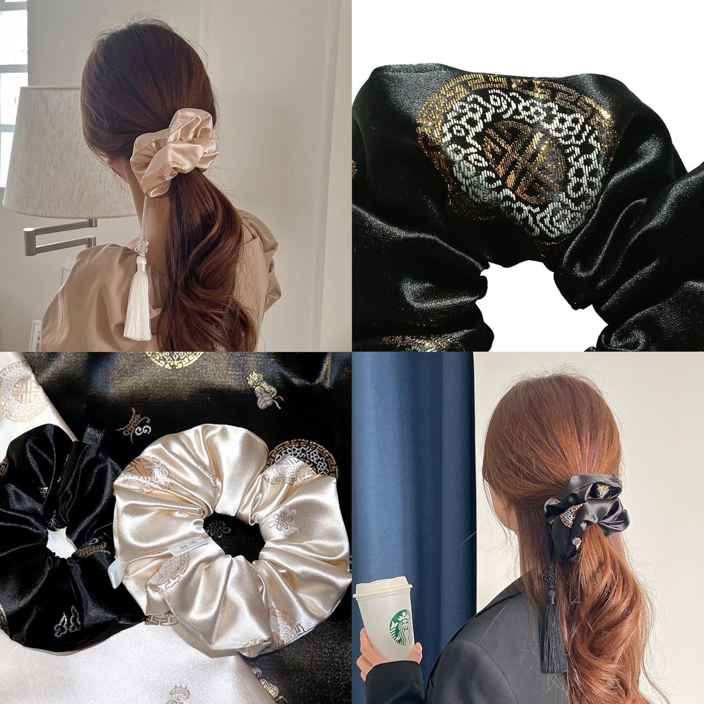 Handmade Korean Scrunchies for Women - Soft Beige Ball Tassel Hair Accessory | Sabang Shin Hanbok