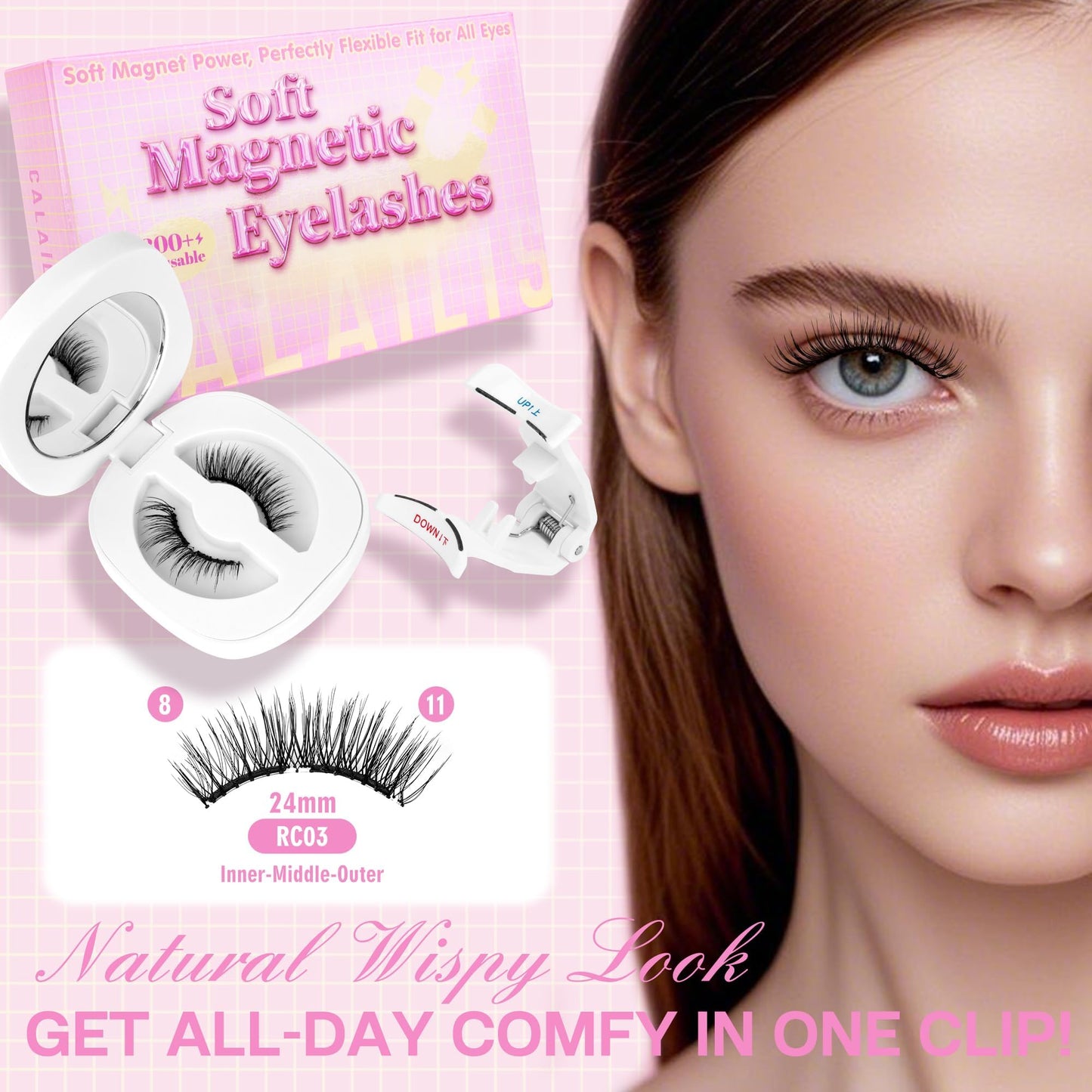 CALAILIS Magnetic Eyelashes with Applicator Upgrade Soft Magnetic Lashes Natural Look Reusable No Glue or Eyeliner Needed Easy to Wear and Remove (RC03, 1 Pack)