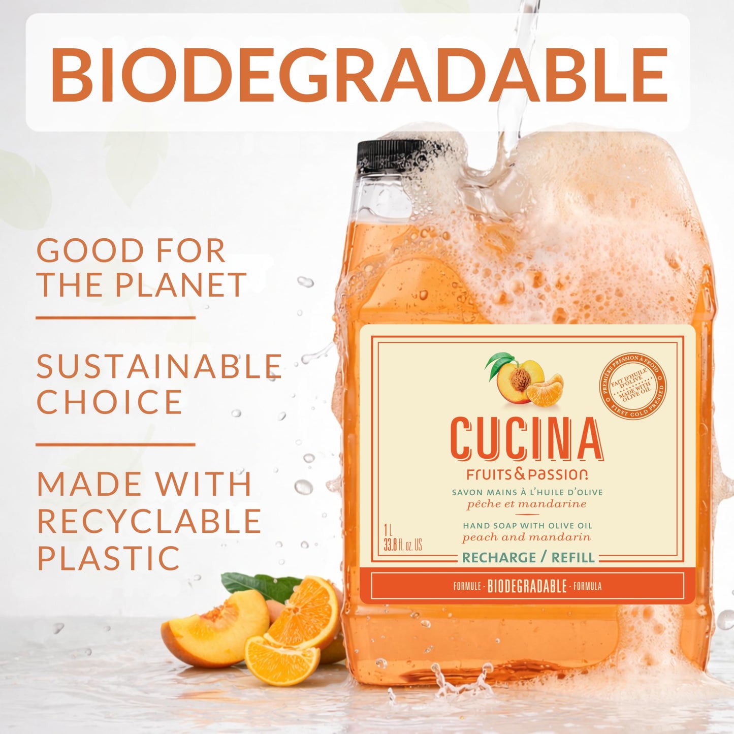 Cucina Fruits & Passion Hand Soap Refill, Peach & Mandarin, 1 L (33.8 fl oz), Liquid Hand Soap with Moisturizing Olive Oil, Biodegradable, Vegan Formula, Kitchen & Bathroom