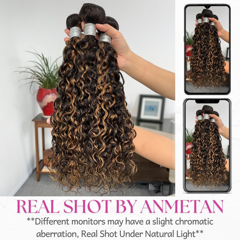 Anmetan Honey Blonde Highlight Black and Brown 4x4 Closure Water Wave Human Hair, 12A Wet and Wavy Color F1B30 Ombre 100% Remy Hair Pre Plucked with Baby Hair Free Part Hairline 4x4 Lace Closure 14 In