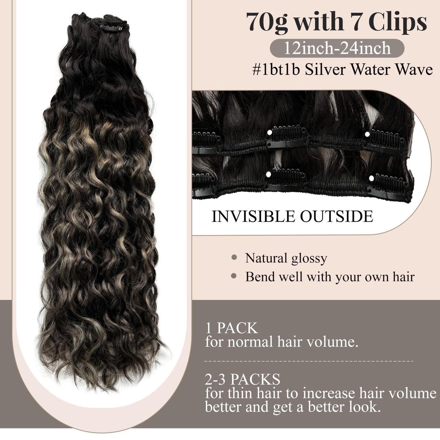 Dark Brown Hair Extensions Real Human Hair Curly Clip in Hair Extensions Real Human Hair 70g 7pcs 16inch Chestnut Brown Water Wavy Soft and Natural Remy Human Hair Extensions (#1bt1b sliver, 16 Inch)