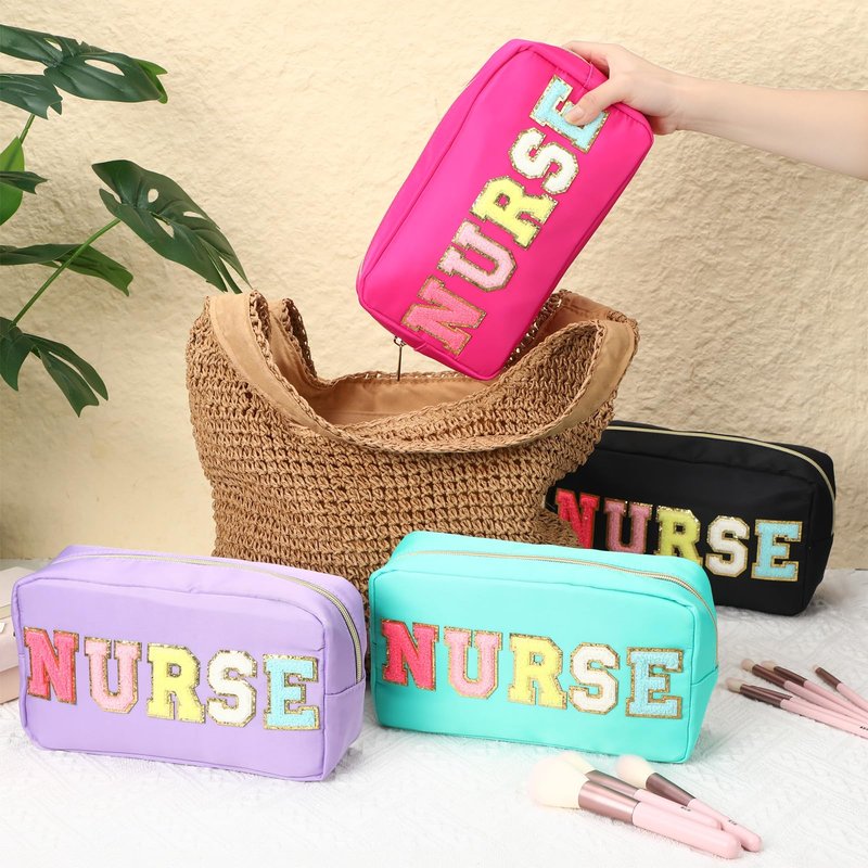 4 Pcs Nurse Gifts Chenille Letter Nursing Makeup Bags Nursing Cosmetic Bags with Zipper for Graduation CNA RN Nurse Week Appreciation Party Favors