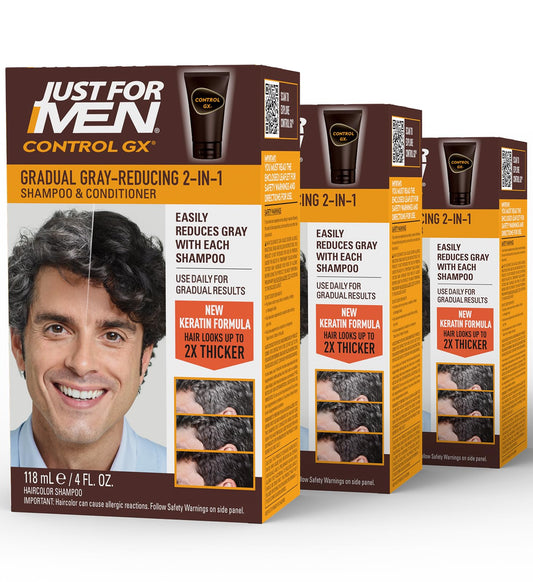 Just for Men Control GX Grey Reducing 2-in-1 Shampoo and Conditioner, Gradual Color with Keratin for Stronger Thicker and Healthier Looking, 4 Fl Oz - Pack of 3