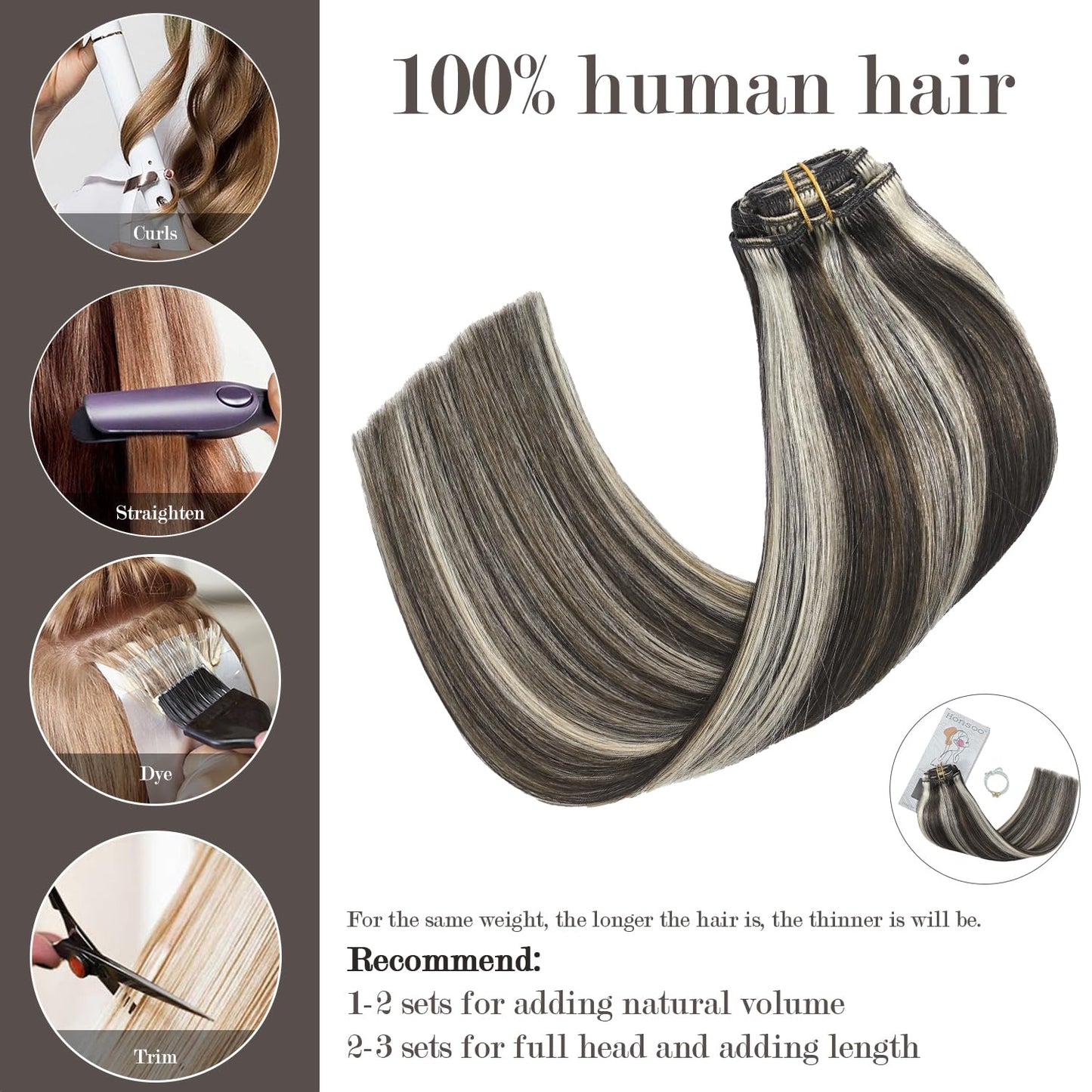 Honsoo Seamless Clip In Real Human Hair Extensions Dark Brown to Blonde 70g 7pcs 12inch Balayage Soft Human Hair For Women No Shedding