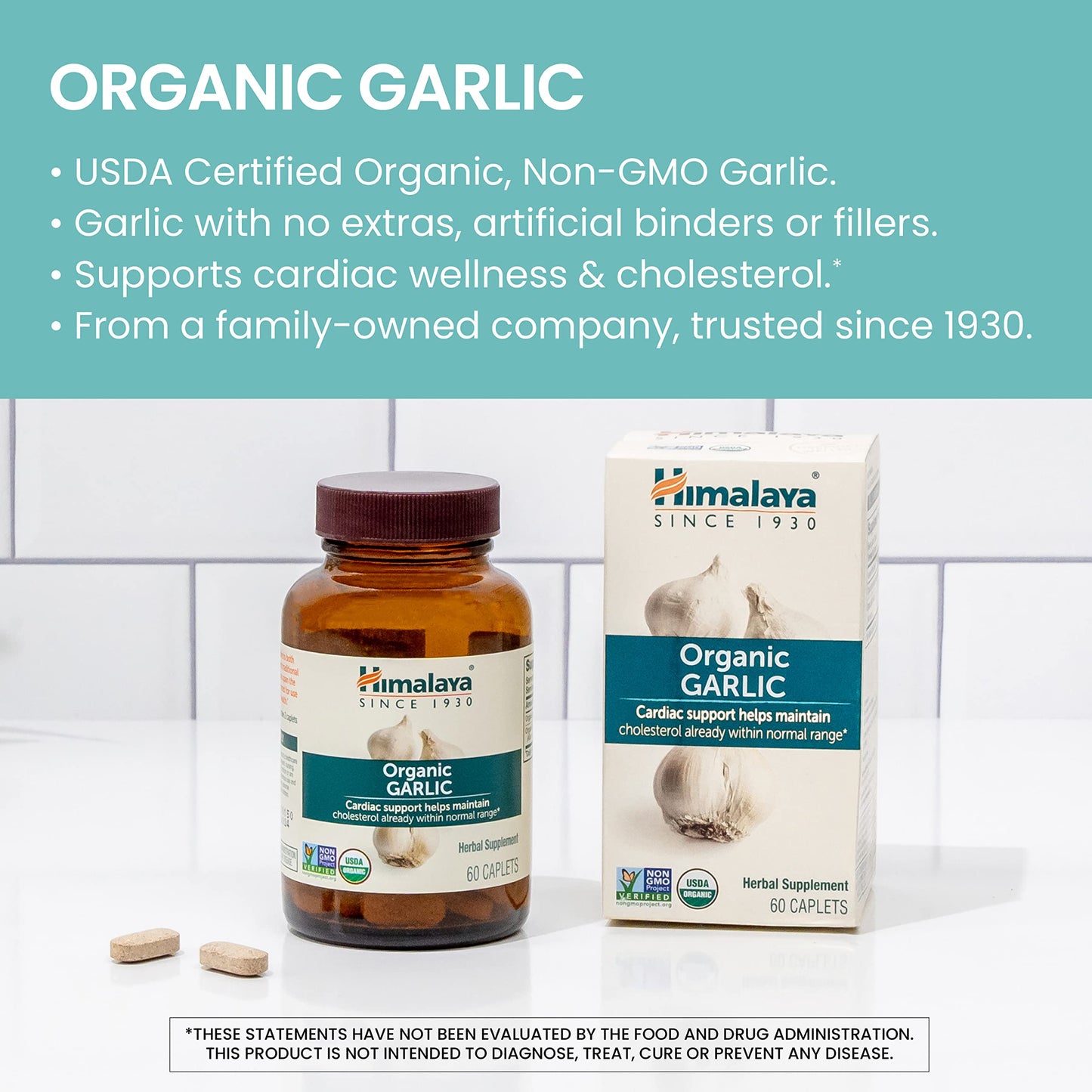 Himalaya USDA Organic Garlic Supplements, 1400 mg, 60 Caplets, 2 Pack