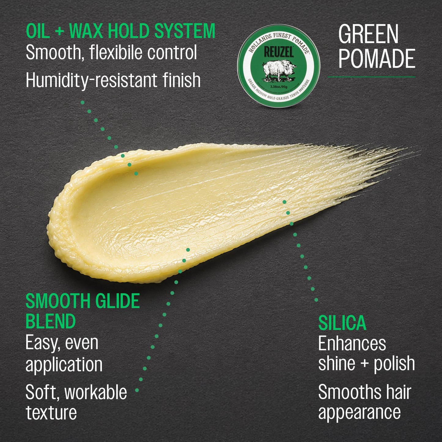 REUZEL Green Grease Pomade, Medium All Day Hold, Oil-Based Styling Wax, Medium Shine, Easy To Wash Out, For All Hair Types