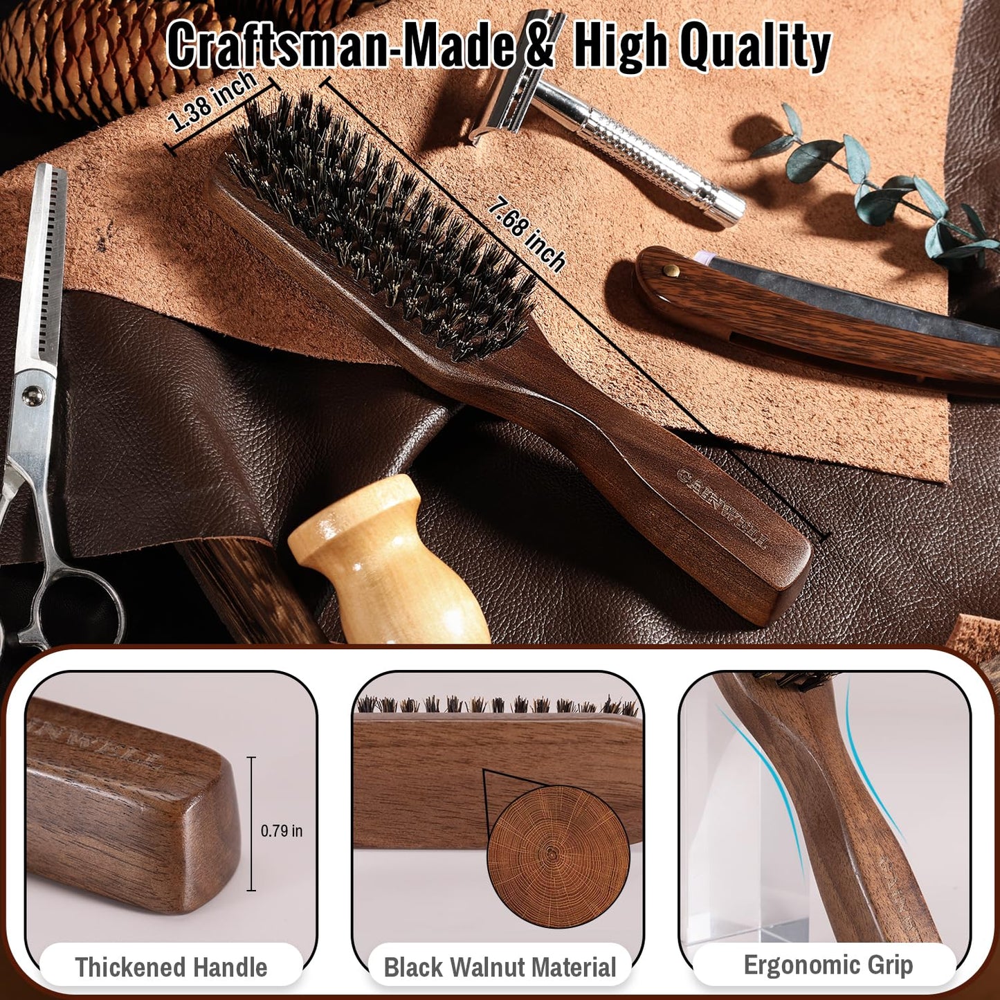 Gainwell Men's Wild Boar Bristle Hair Brush - Stiff Bristles for Thick & Thin Hair | Natural Black Walnut Handle