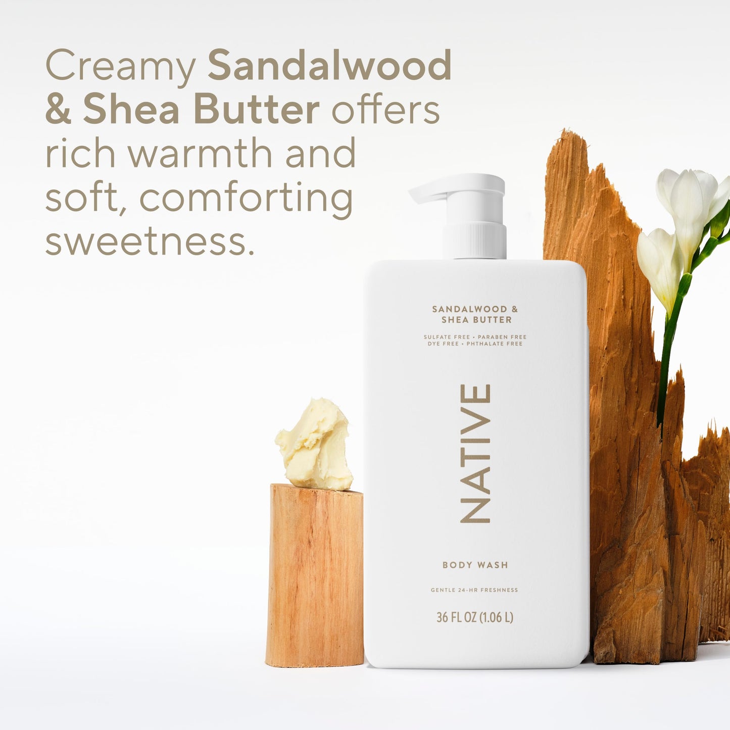 Native Body Wash for Women & Men, Sandalwood & Shea Butter, 36 oz Pump Bottle, Sulfate-Free & Gentle