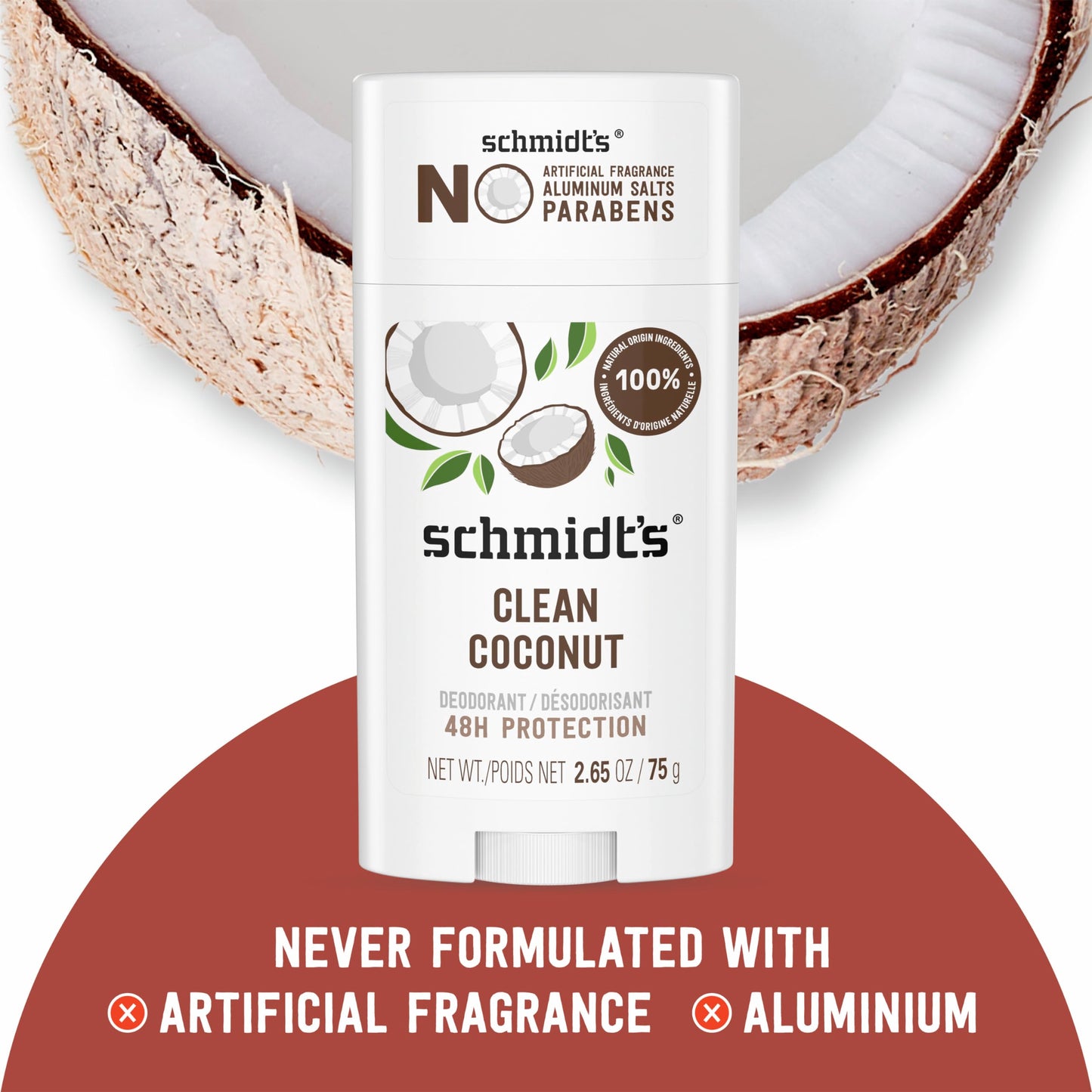 Schmidt's Aluminum-Free Vegan Deodorant Clean Coconut for Women and Men, with 24 Hour Odor Protection, Natural Ingredients, Cruelty-Free, 2.65 oz (Pack of 2)