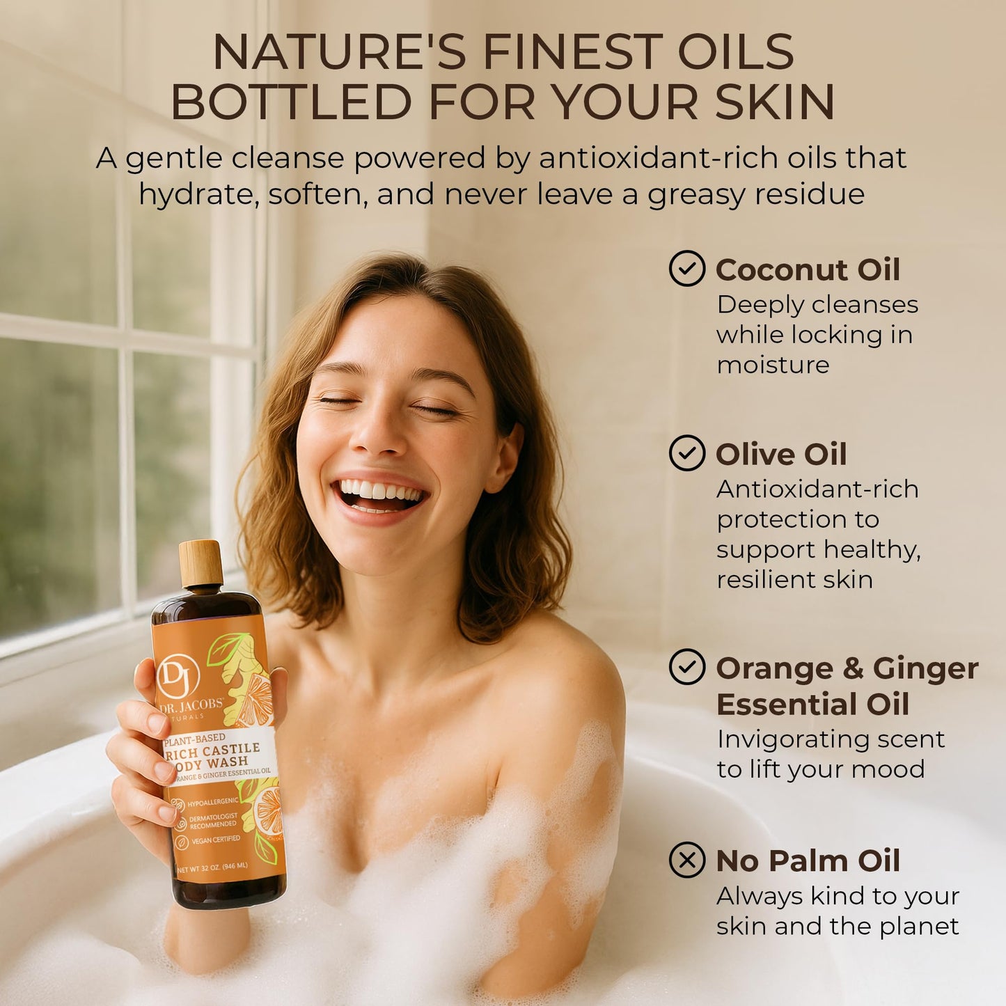 Dr. Jacobs Naturals Pure Castile Soap Liquid Body Wash, Orange & Ginger - Plant Based Soap Infused with Vitamin E & Aloe Vera to Moisturize Dry and Sensitive Skin - Made in The USA - 32 oz, Pack of 1